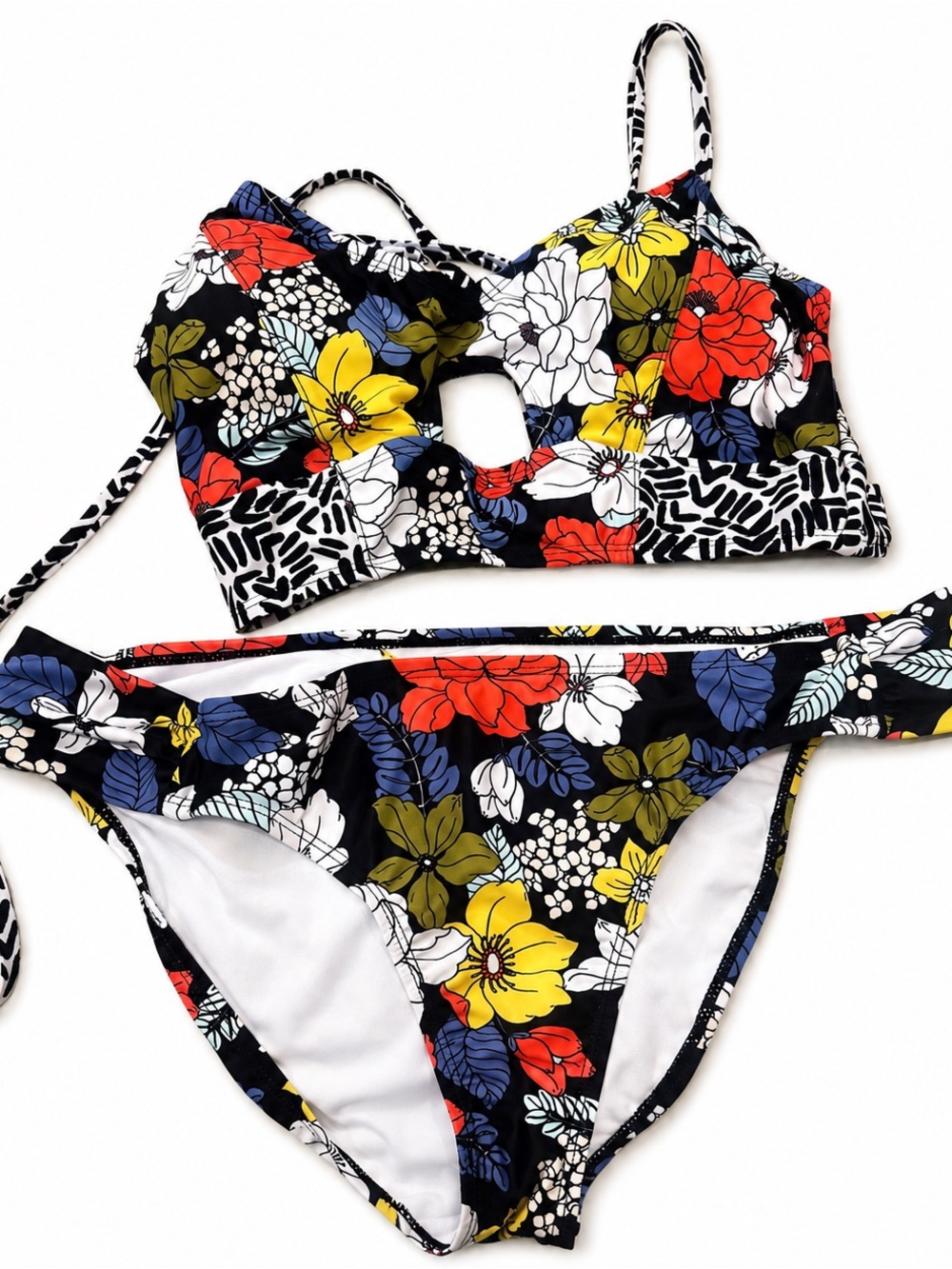Jessica Simpson Black Floral Cutout Bikini Set with Yellow, Red & Blue Flowers